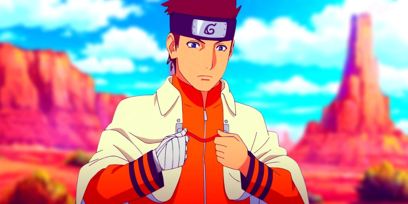 Konohamaru wearing a Hokage uniform. Behind him, the desert can be seen.