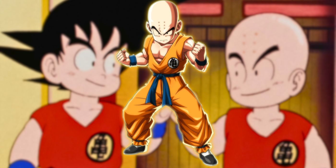 Kid Goku and Krillin dapping up with Adult Krillin in the center