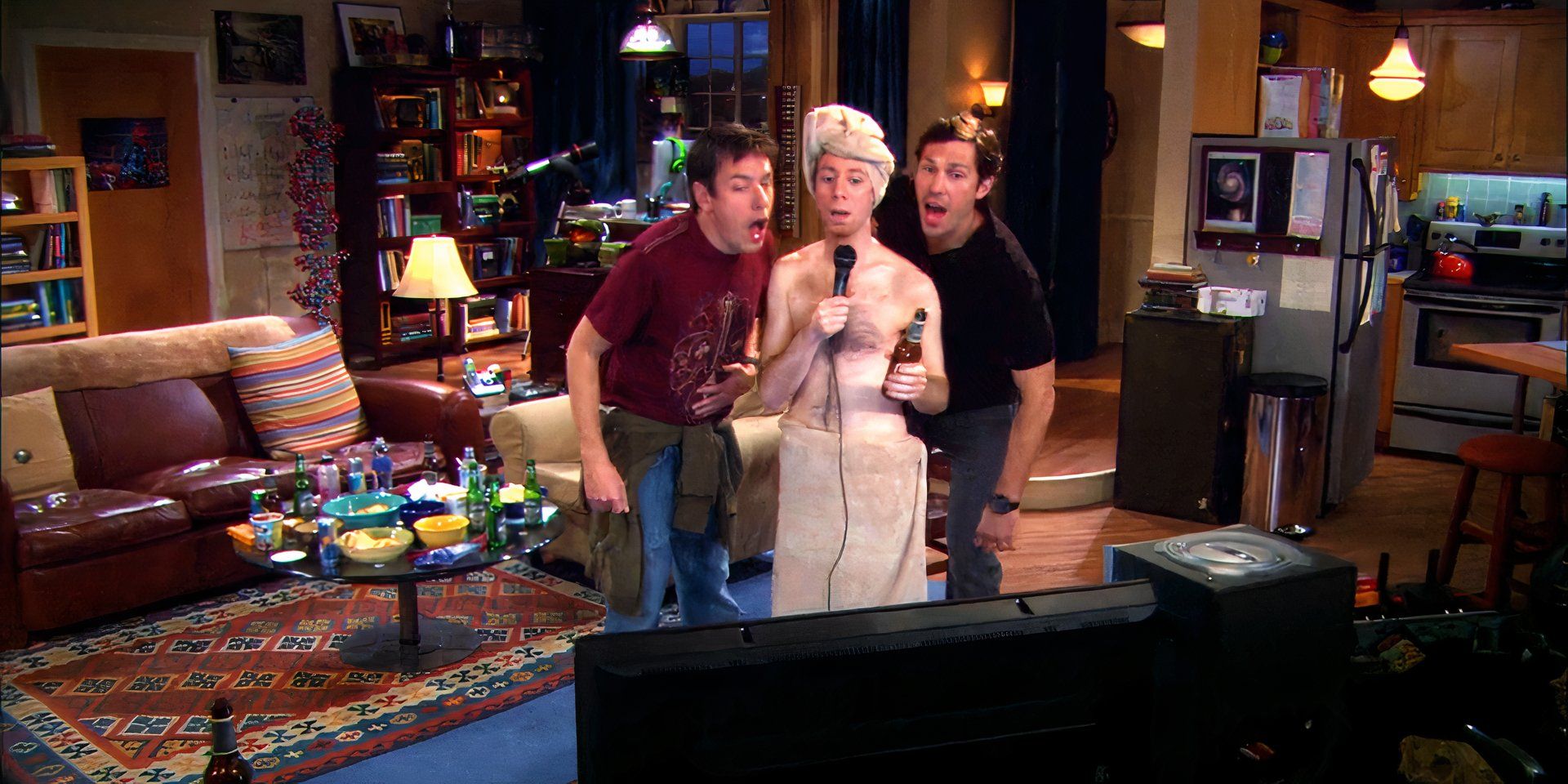 Kripke, Stuart, and Zack singing karaoke in Big Bang Theory