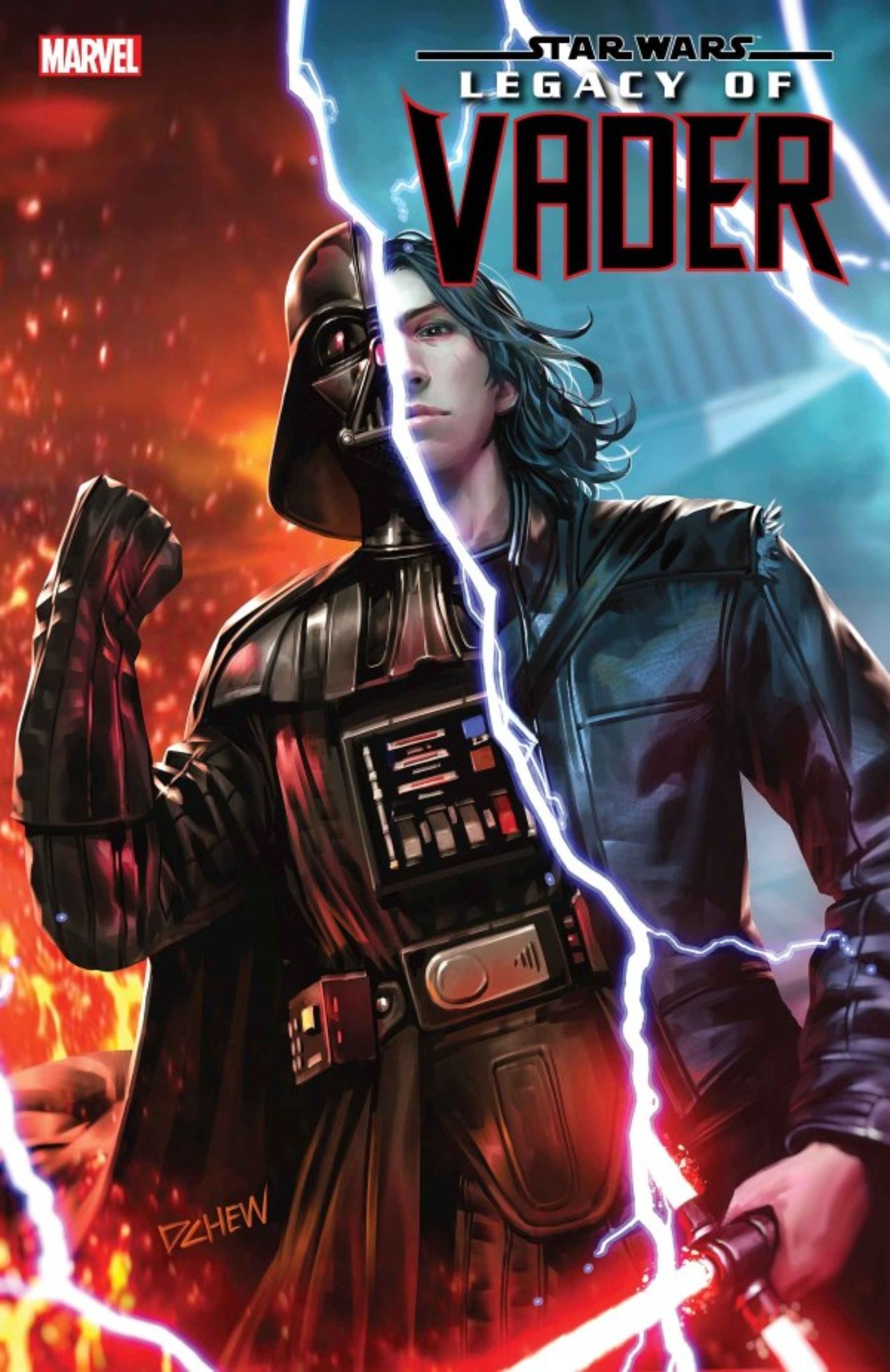 Star Wars: Legacy of Vader #2 main cover featuring a split image of Kylo Ren and Darth Vader.