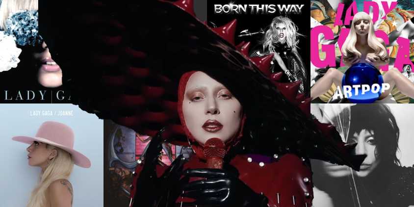 Lady Gaga in front of all of her album covers