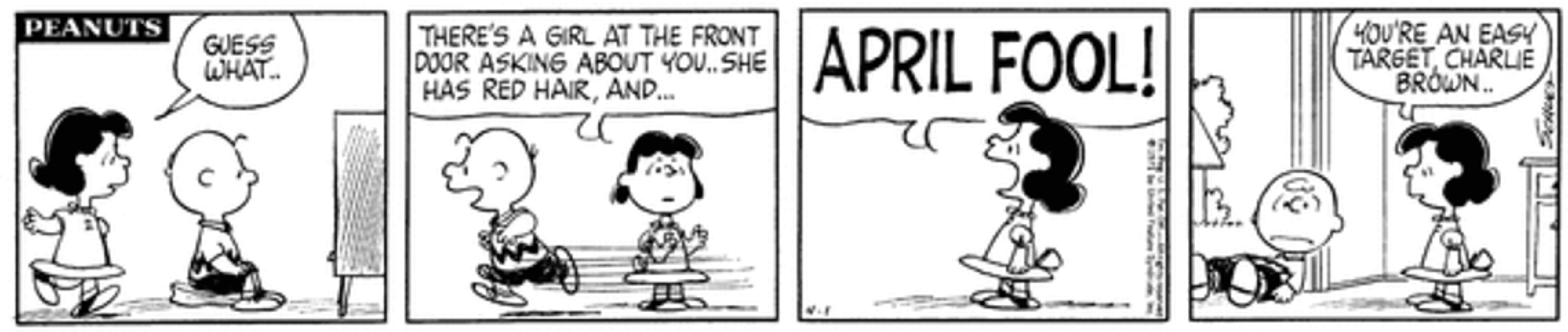 Charlie Brown running to the door after Lucy&rsquo;s prank.