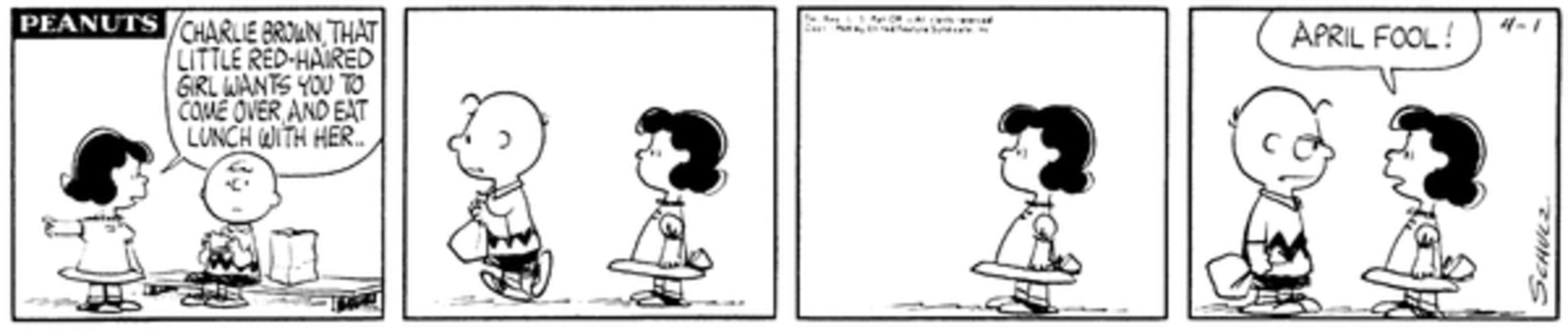 Lucy bothering Charlie Brown while he eats lunch alone.