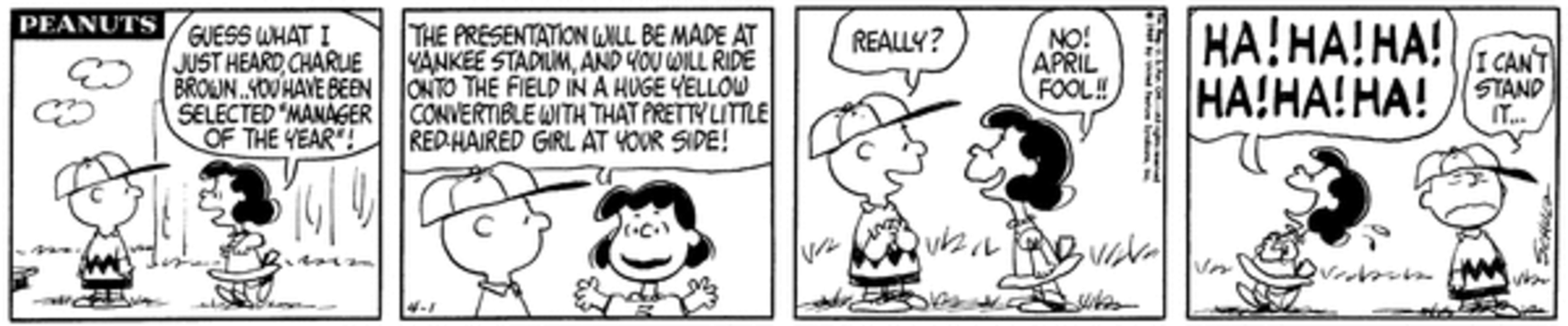 Lucy fooling Charlie Brown on the baseball field.