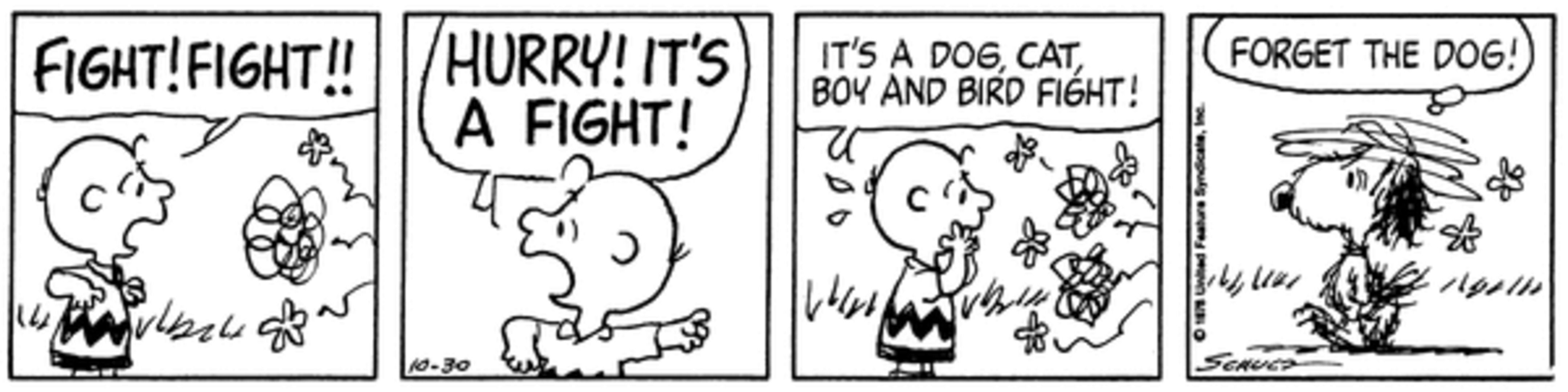 Snoopy walking back to Charlie Brown, disheveled from a fight.