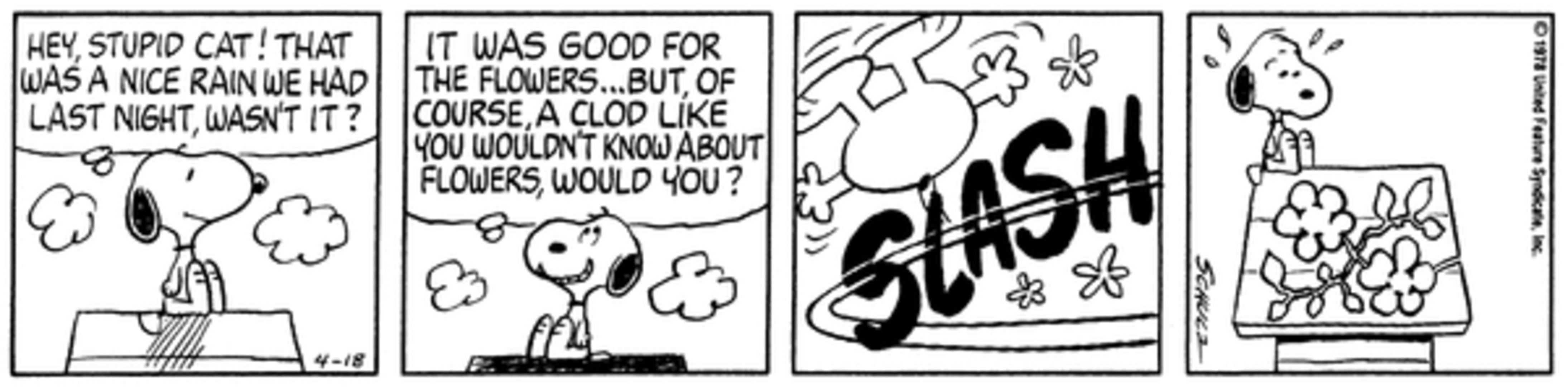 Flowers carved into Snoopy&rsquo;s doghouse by the Cat Next Door.