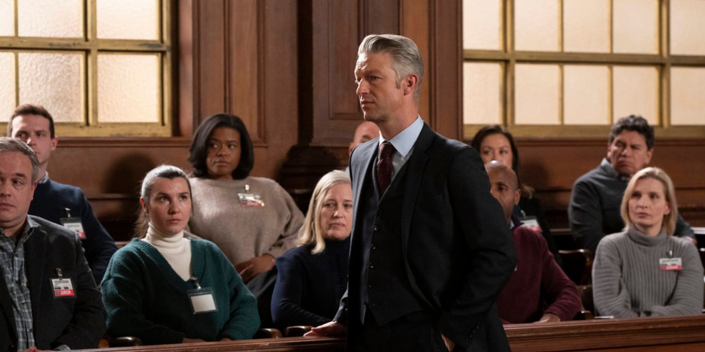 Law & Order SVU Carisi standing in front of the jury box speaking