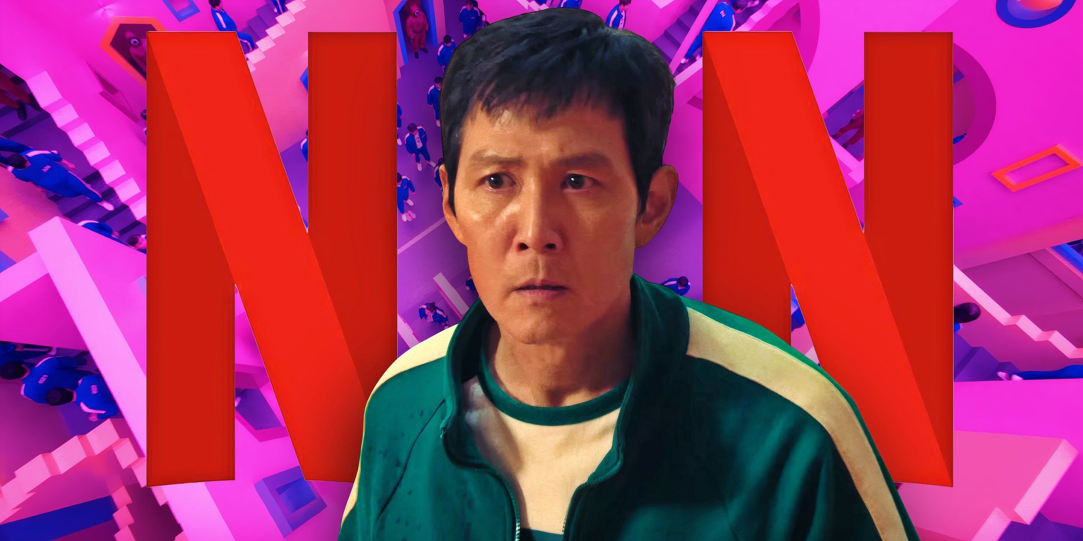 Lee Jung-jae as Seong Gi-hun looking shocked while surrounded by Netflix logos in Squid Game custom image