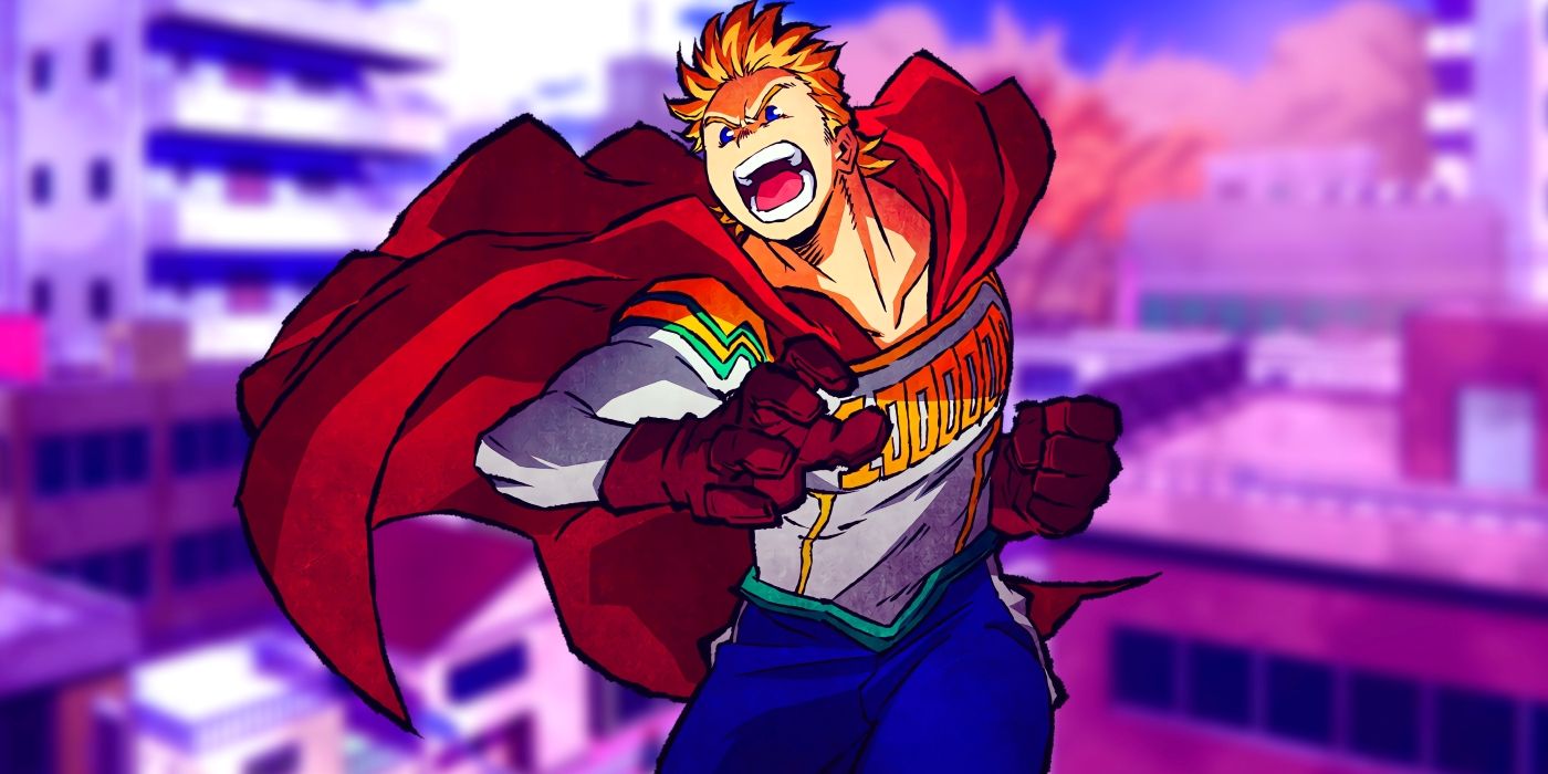 Lemillion jumping into action in his hero suit. Behind him, Jaku city can be seen.