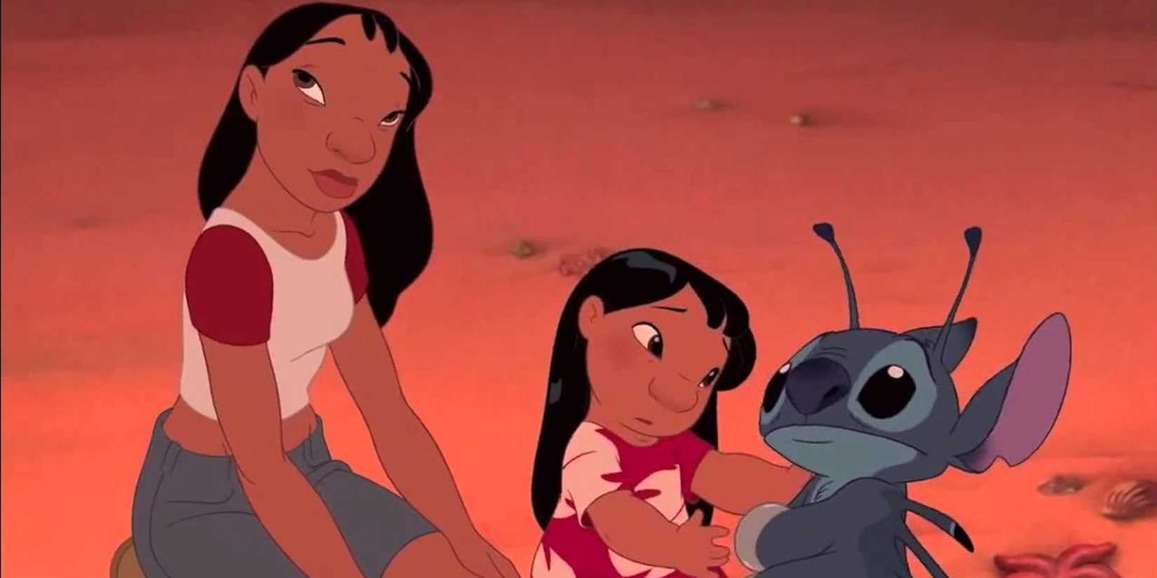 Lilo, Nani, and Stitch on the beach in Lilo and Stitch