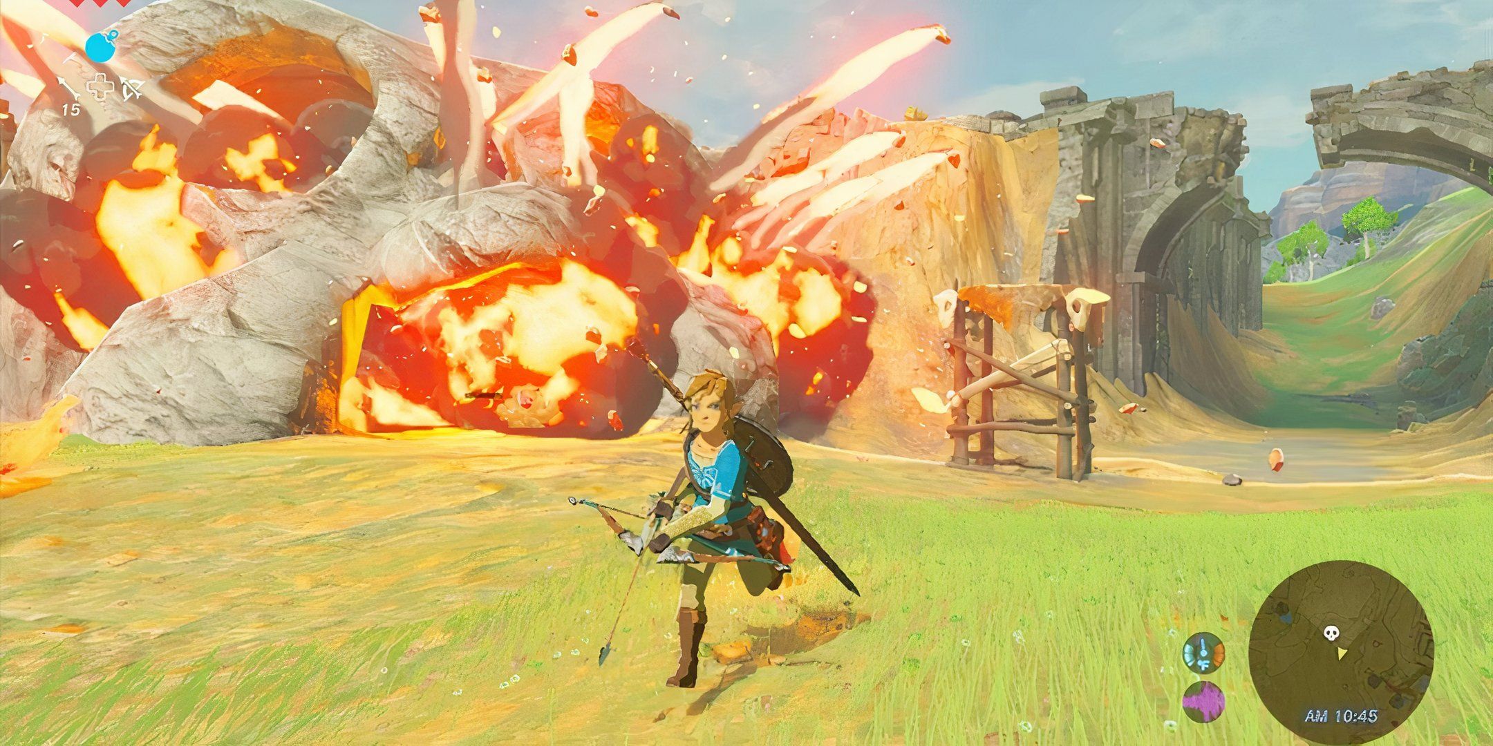 Link running with his bow and arrow in Breath of the Wild.