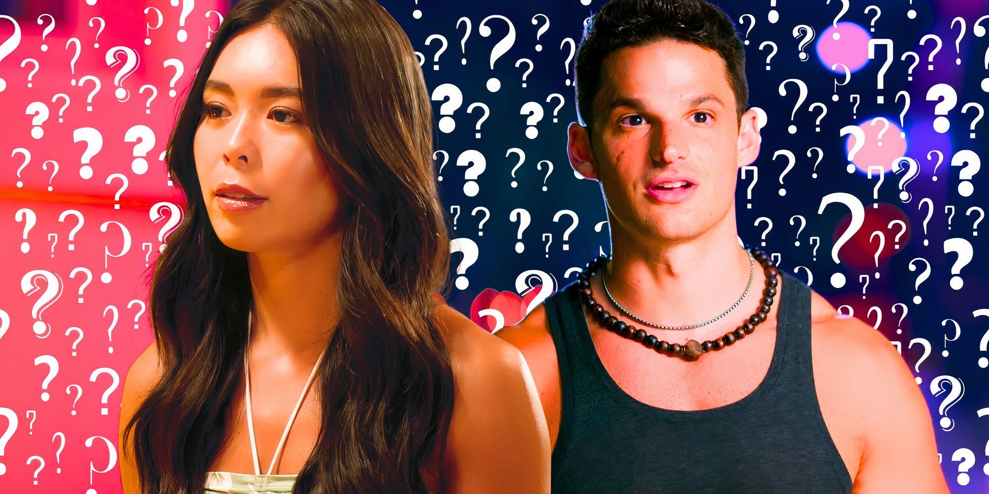 Lino Troisi and Alexa Santamaria from Temptation Island season 1 in suerious montage with question marks