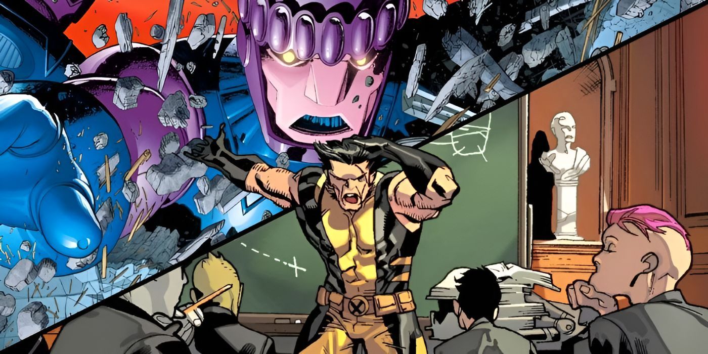 Logan teaches at Xavier School with Sentinel behind him.
