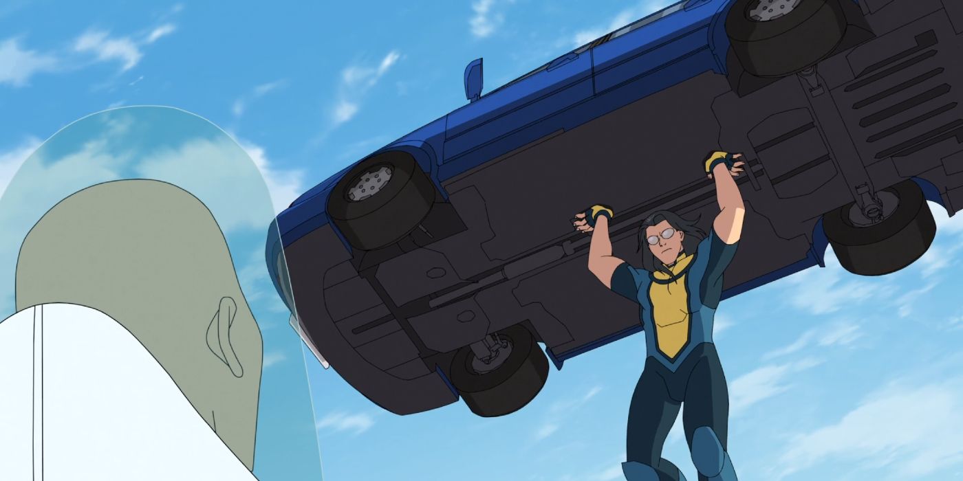 Long-Haired Invincible lifting a car above his head in Invincible season 3 (2025)
