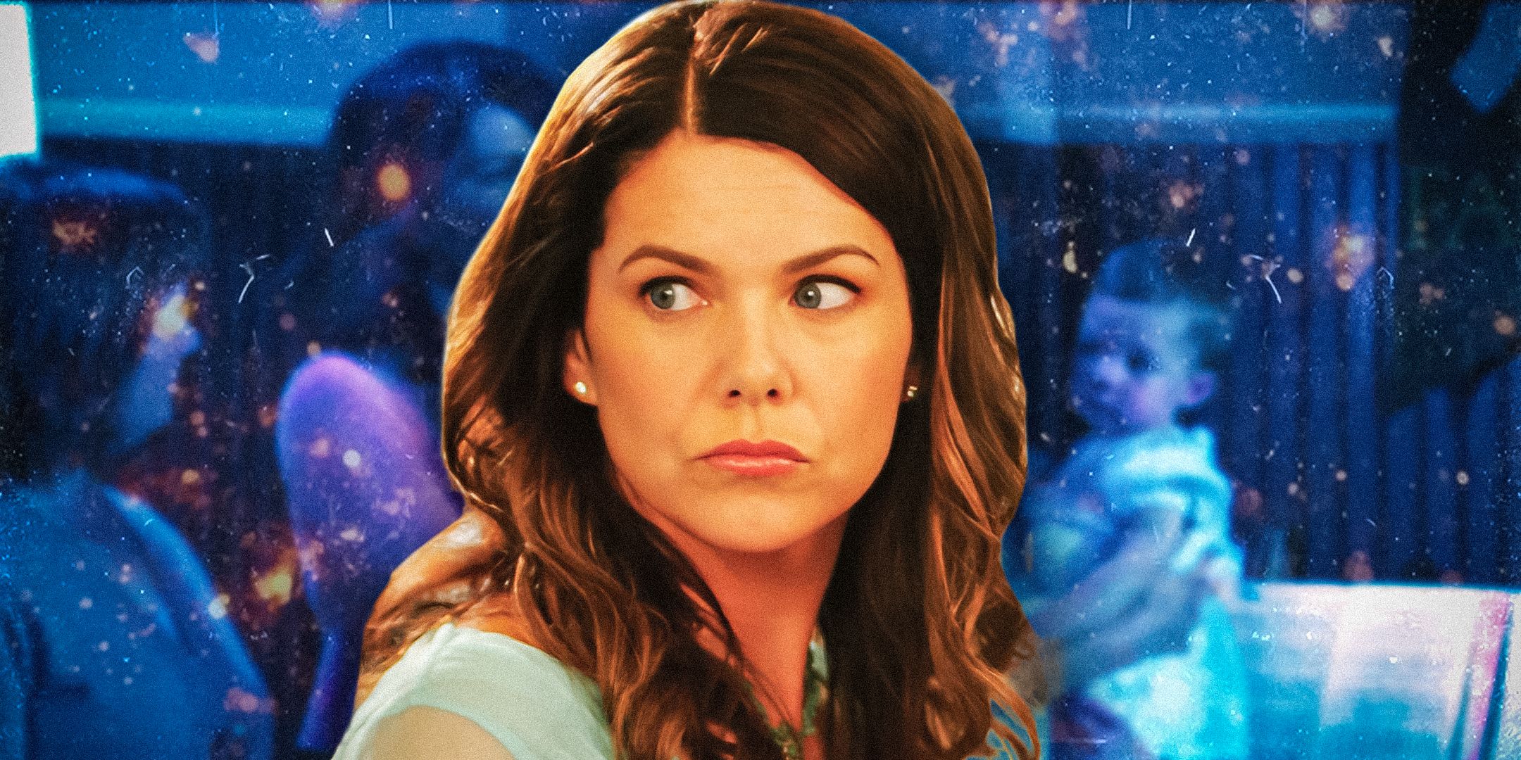 Lauren Graham as Lorelai Gilmore pouting and looking to the side in Gilmore Girls with Sookie's kids' baptism as the background