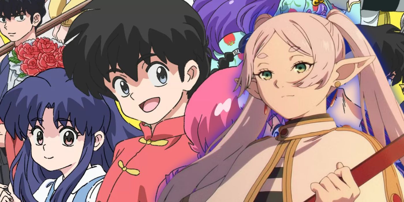 Frieren fromy Frieren: Beyond Journey&rsquo;s End in front of the Ranma 1/2 2024 poster