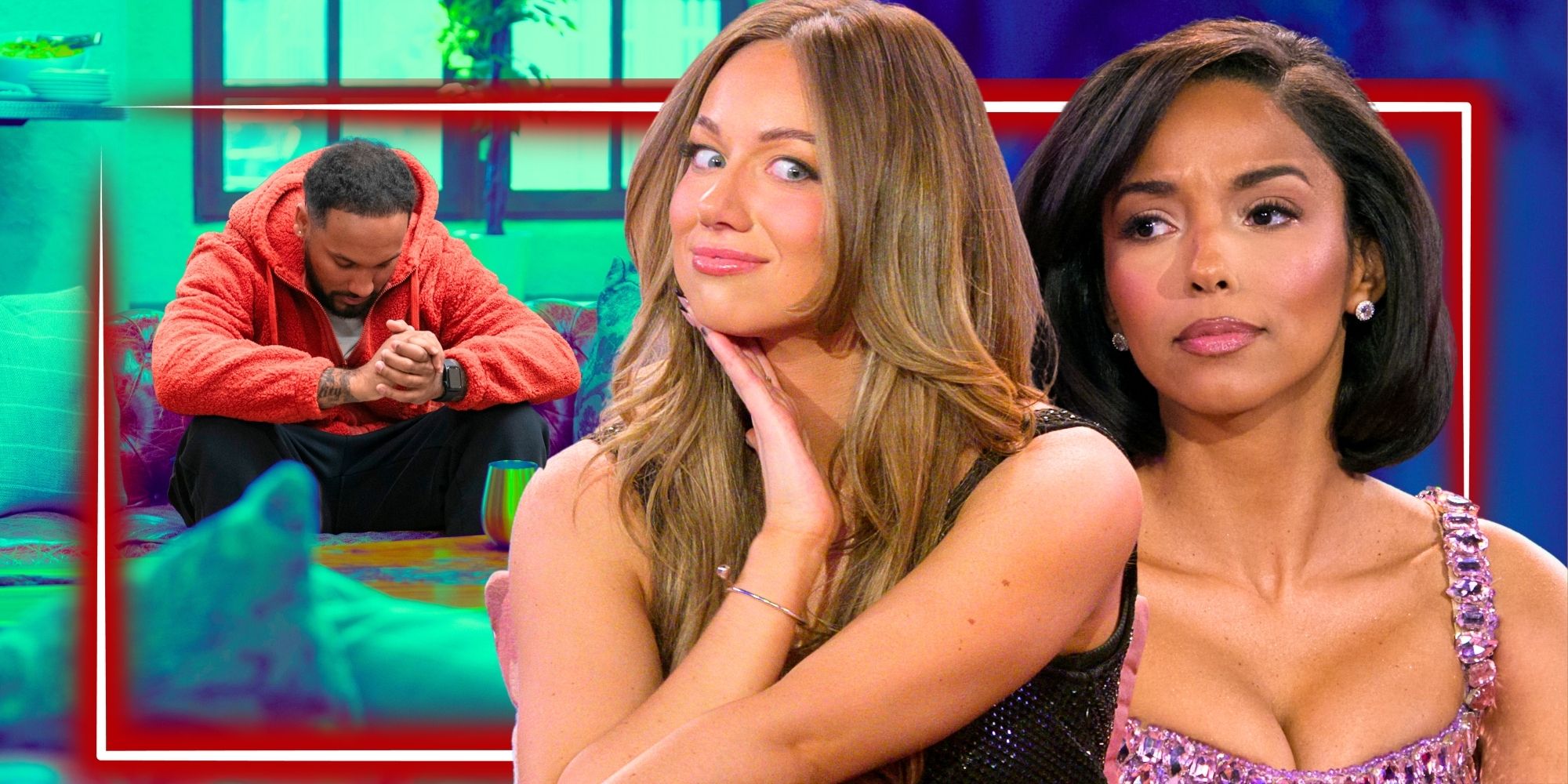 Love Is Blind season 8 Devin, Lauren &amp; Virginia looking concerned in side by side images