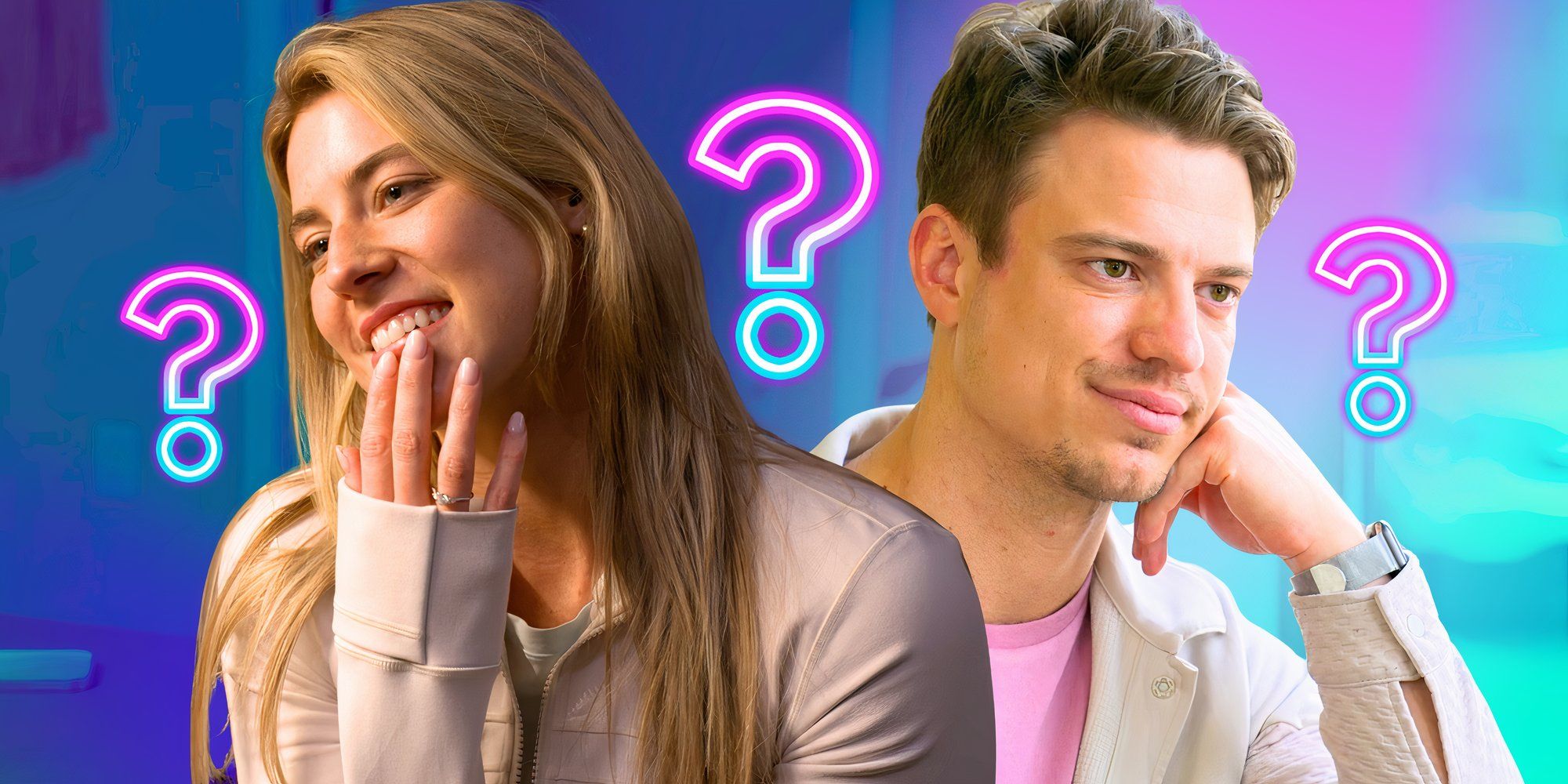 love is blind season 8 stars ben mezzinga and sara carton smiling in montage with question marks