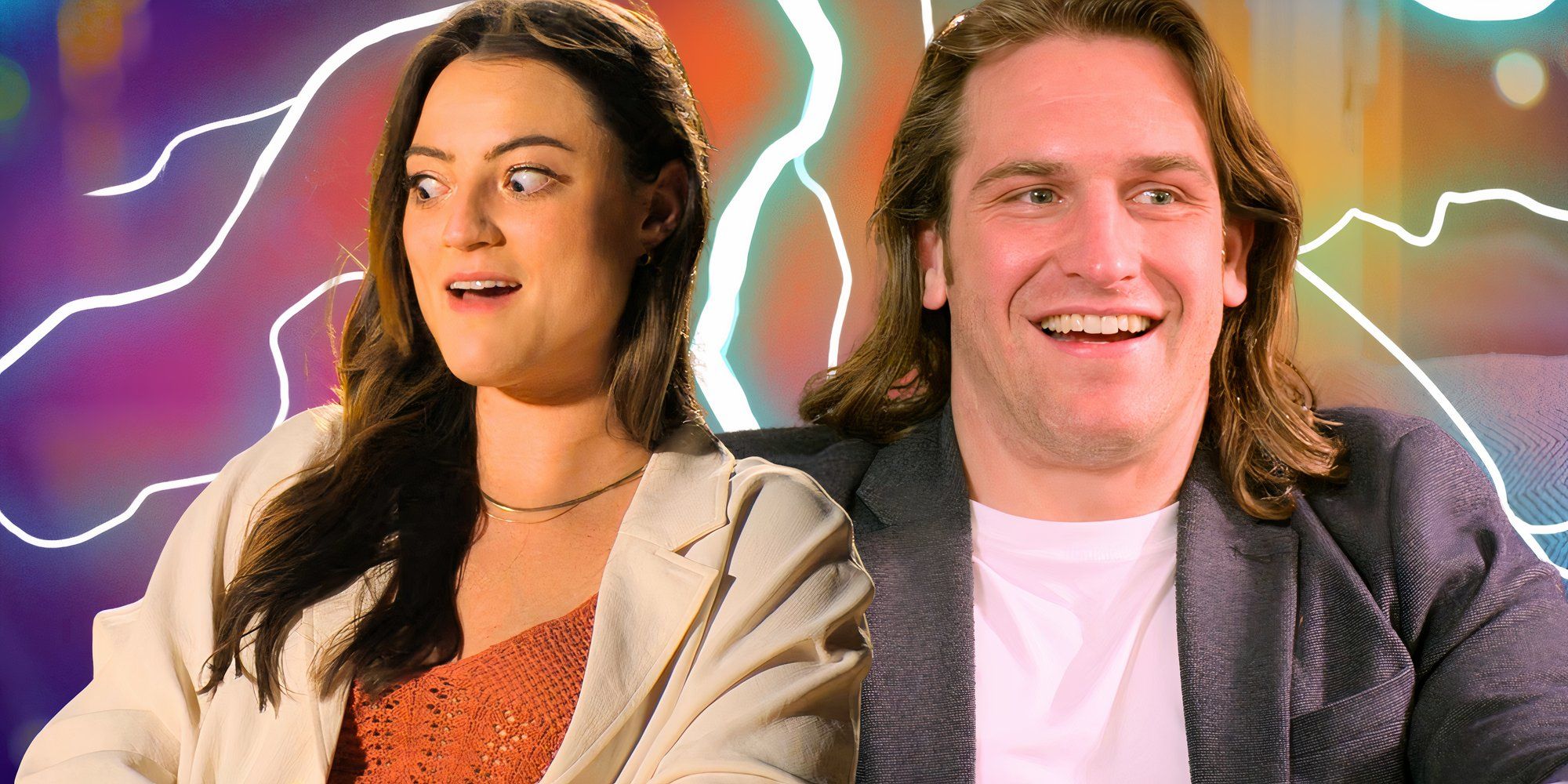Love Is Blind Season  8 stars stars Monica Danús and Joey Leveille smiling amid colorful background