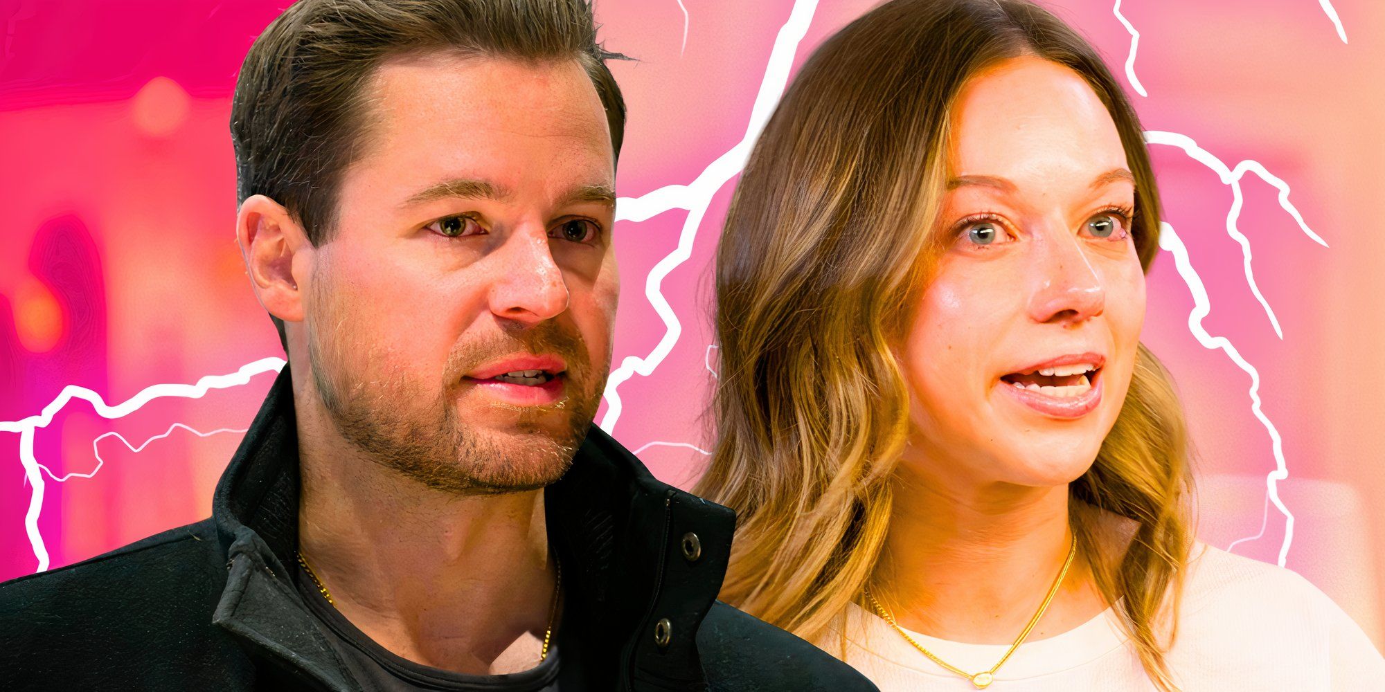 side by side image of Love Is Blind Season 8&rsquo;s Dave &amp; Lauren looking upset