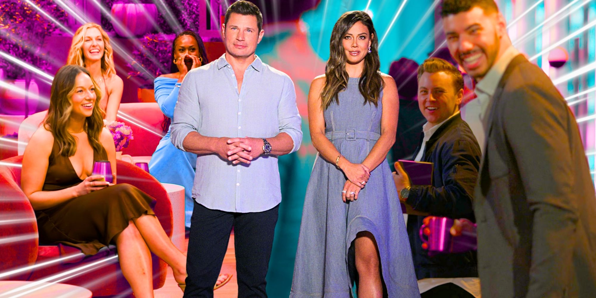 Love Is Blind season 9 cast smiling from different scenes with hosts Nick & Vanessa Lachey standing in the middle