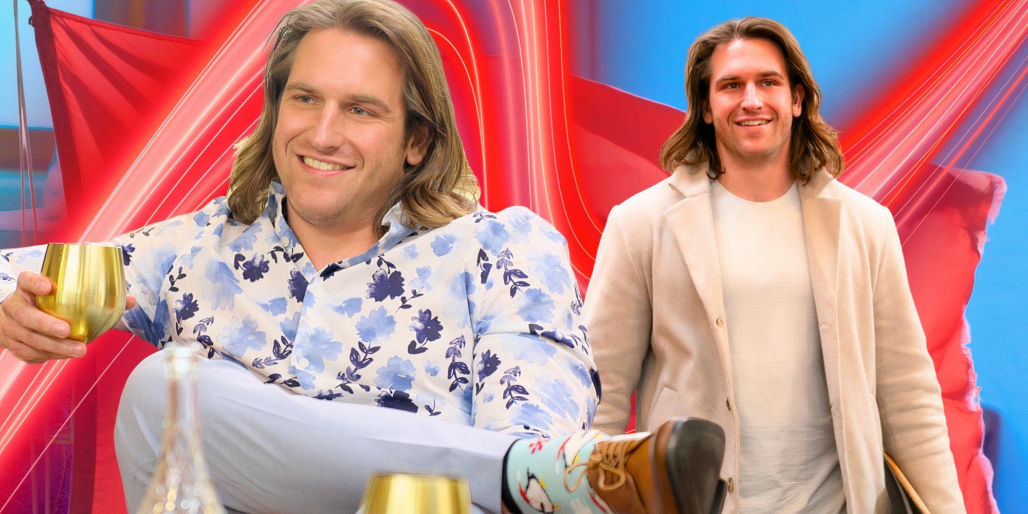love is blind star joey laveille in two poses smiling while sitting and standing with red and blue background