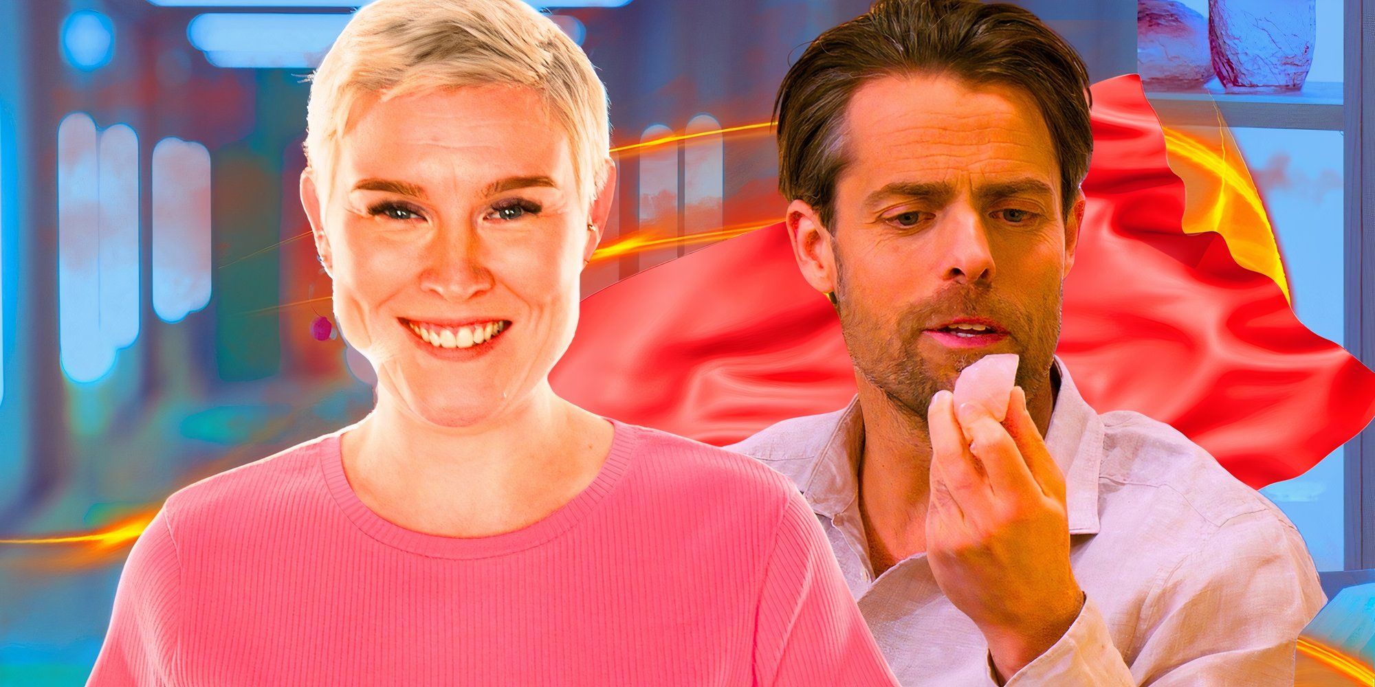 Love Is Blind Sweden Season 2 stars Milly and Ola Jönsson in montage with her happy and him pensive