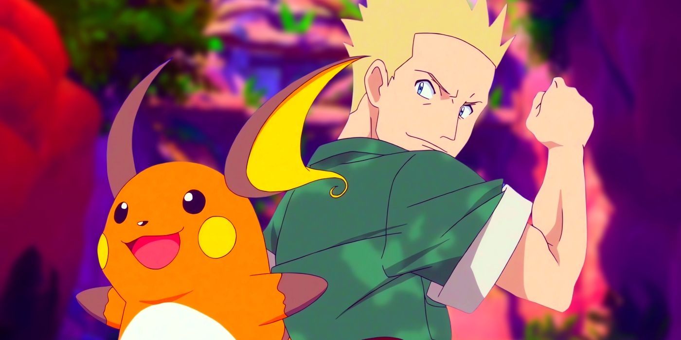Lt. Surge and Raichu standing side by side. Behind them, a set of ruins can be seen.