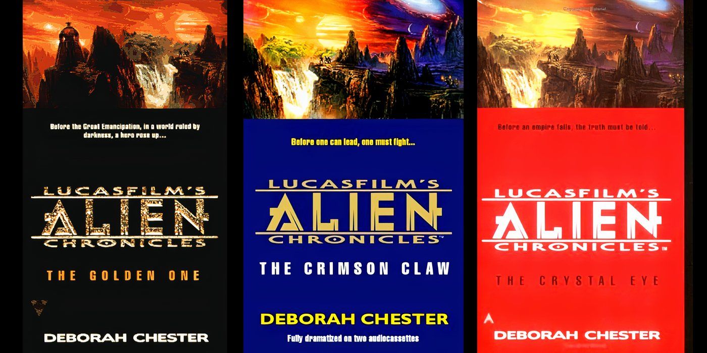 The covers of all three novels of Lucasfilm's Alien Chronicles trilogy by Deborah Chester.