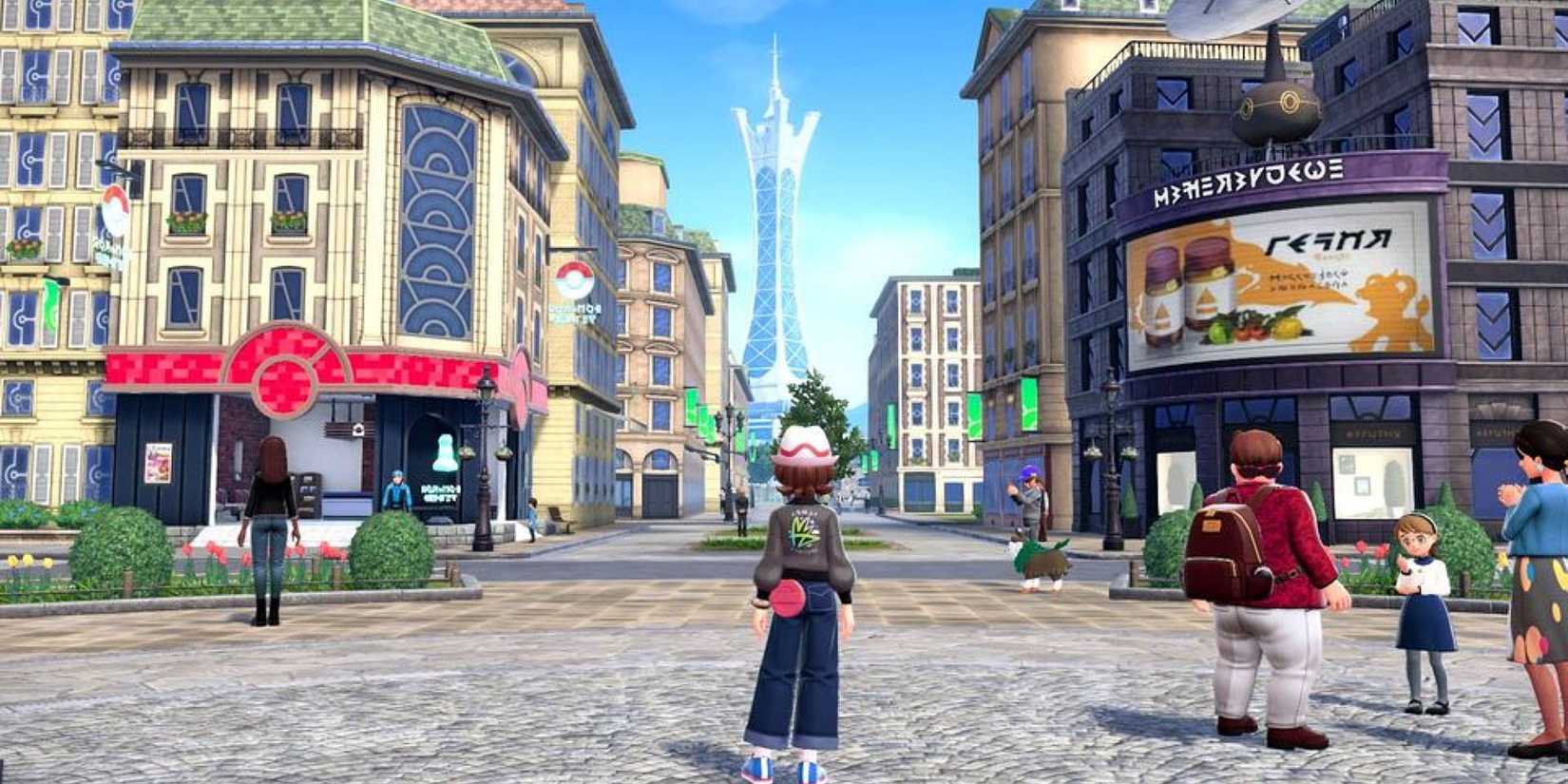 The player staring at a distant Prism Tower in Lumiose City in Pokemon Legends Z-A.