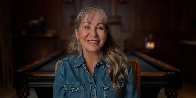 Million Dollar Secret season 1 Lydia Blair in a denim shirt, with a pool table in the background