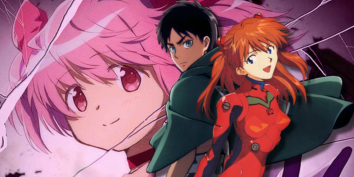 Eren Yeager, do ataque a Titan e Asuka, de Evangelion, em frente a uma imagem promocional para Madonna Magica.