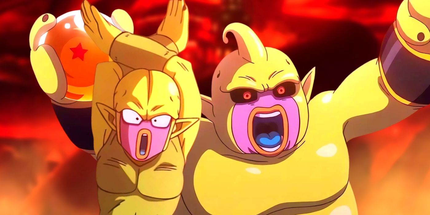 Majin Kuu and Majin Duu standing side by side while celebrating. Behind them, the Demon King&rsquo;s palace can be seen.