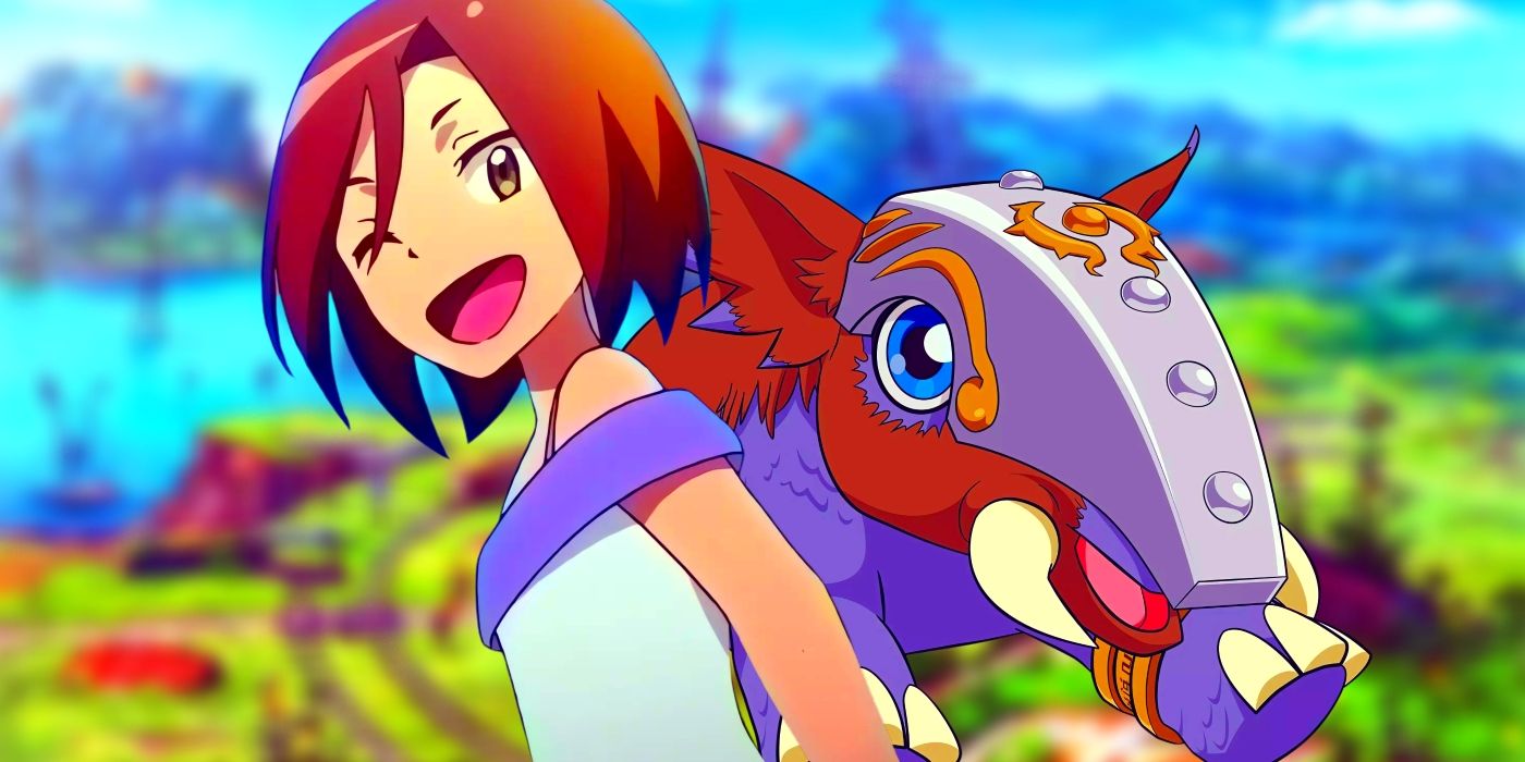 Maki and Tapirmon standing side by side. Behind her, the Digital World can be seen.