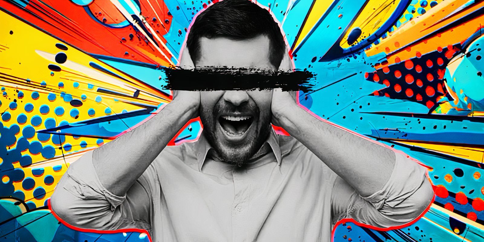 Man covering ears with Comicbook background behind him and eyes crossed out