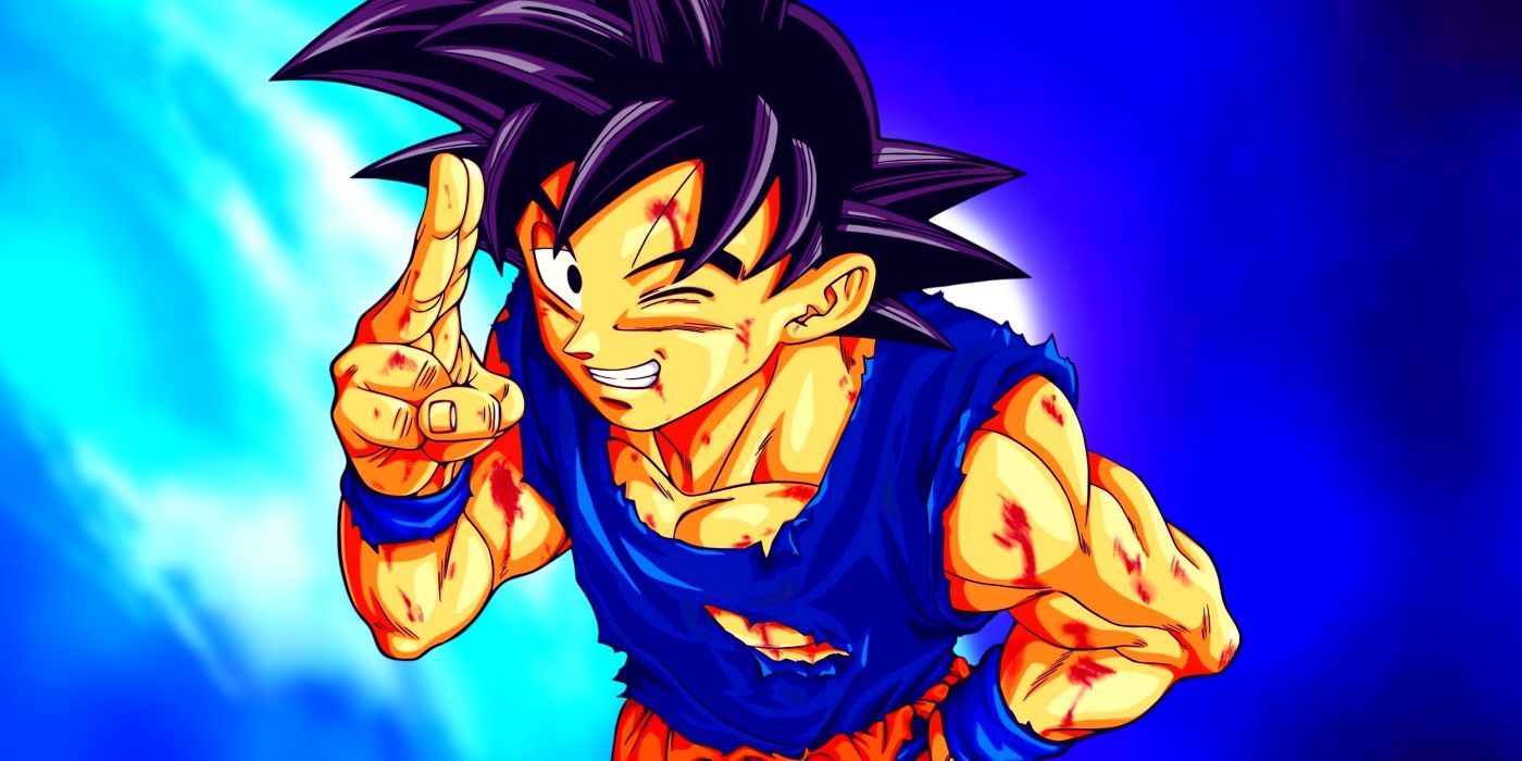 The manga version of Goku smiling after a battle. Behind him, Earth and the Sun can be seen.