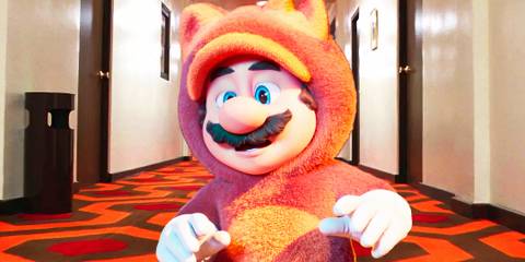 Mario wearing an animal costume in The Super Mario Bros with an Overlook Hotel hallway from The Shining behind him