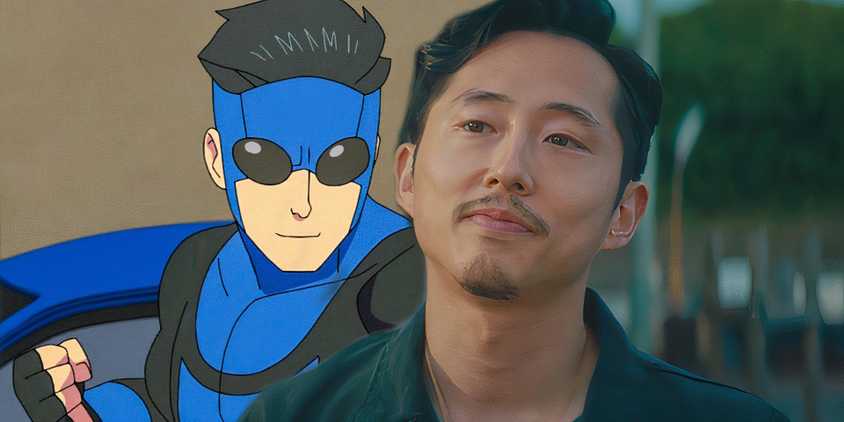 Mark Grayson looking confident in Invincible season 3 next to Steven Yeun as Squeeze smiling in Sorry to Bother You