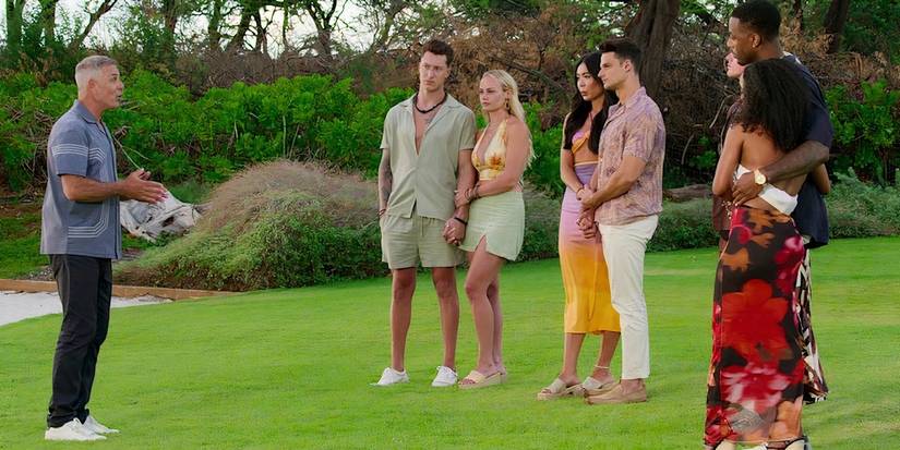 Temptation Island's Mark L. Walberg meets the couples on a grassy field on Temptation Island