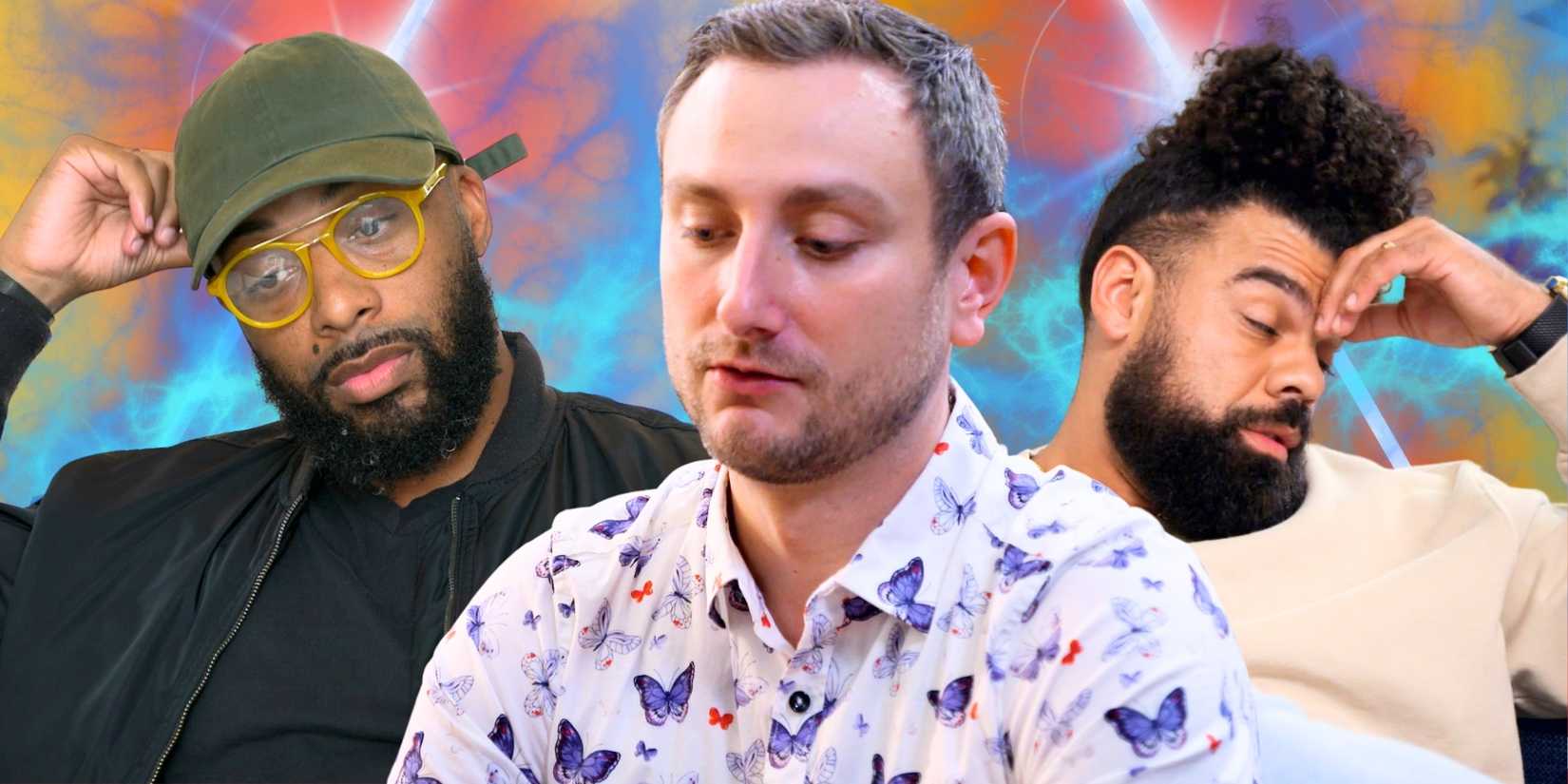 Married at First Sight Ikechi Ojore, Allen Slovick, & David Trimble with worn out facial expressions
