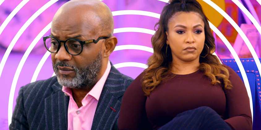 Married at First Sight Pastor Cal and Dr. Pia in side by side images with concerned expressions