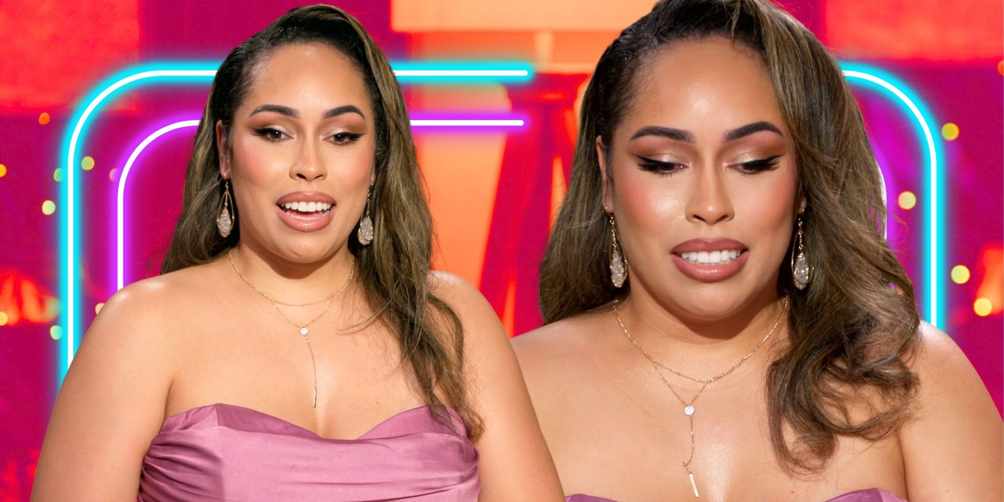 Married at First Sight season 18 Camille Parsons in side by side images glammed up and looking down