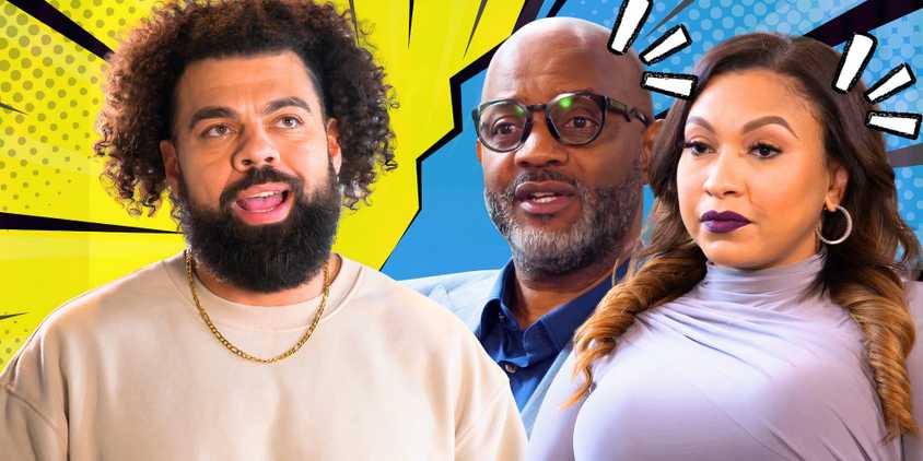married at first sight season 18 star david trimble with dr pia holec and pastor cal roberson and comic inspired background