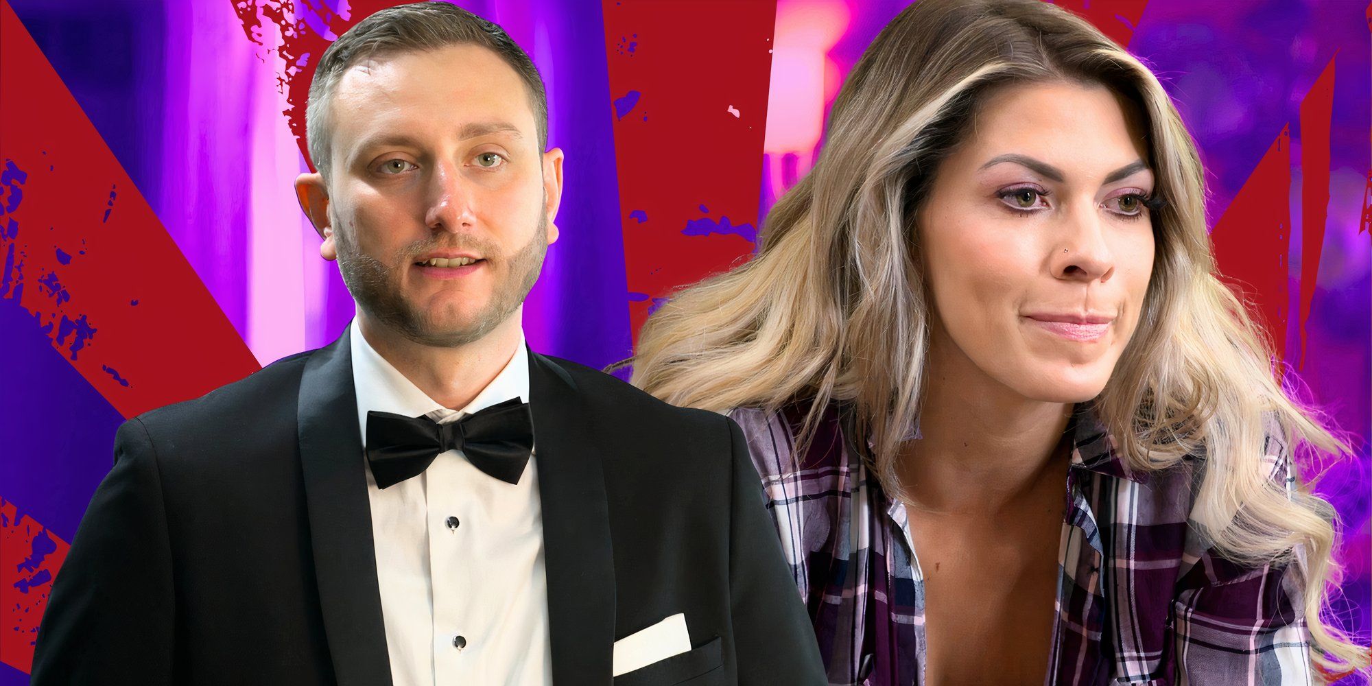 married at first sight season 18 stars allen slovick and madison myers in serious montage with red background