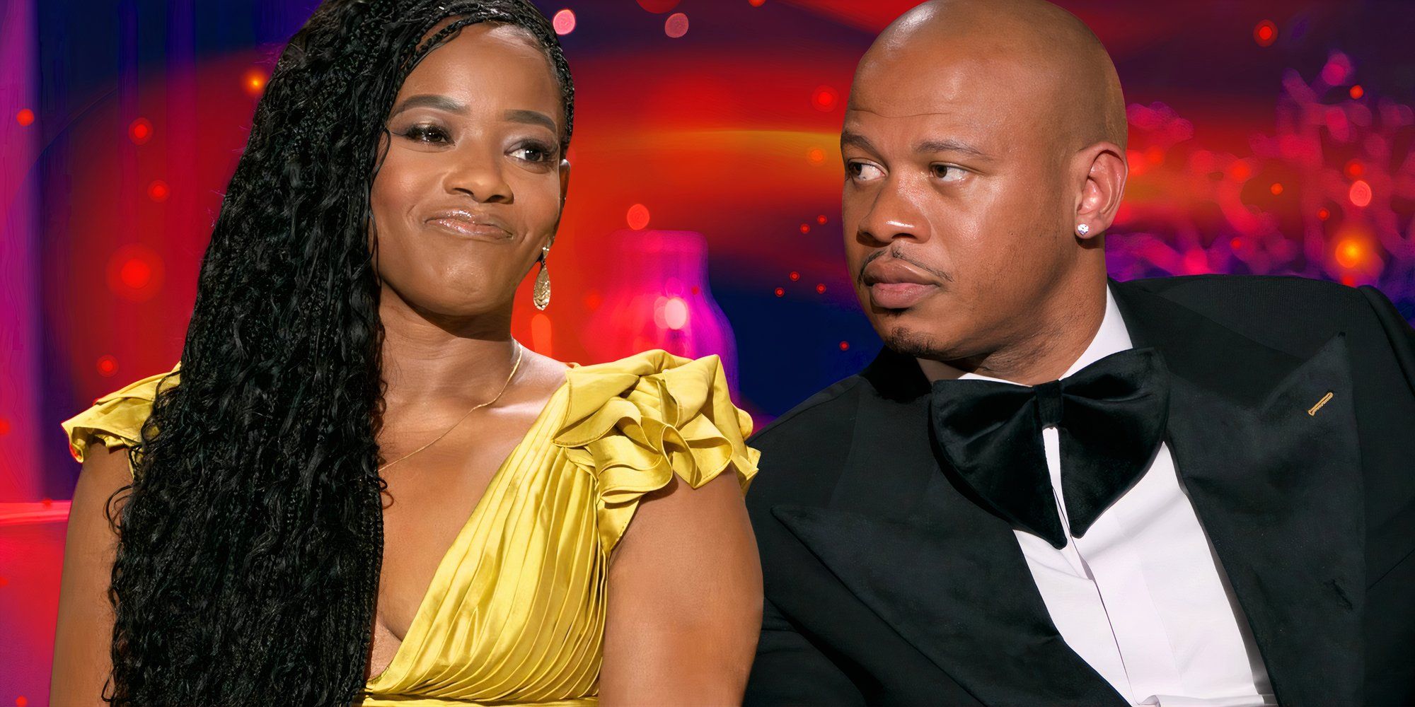 married at first sight stars emem obot and brandon williams in serious poses with red background