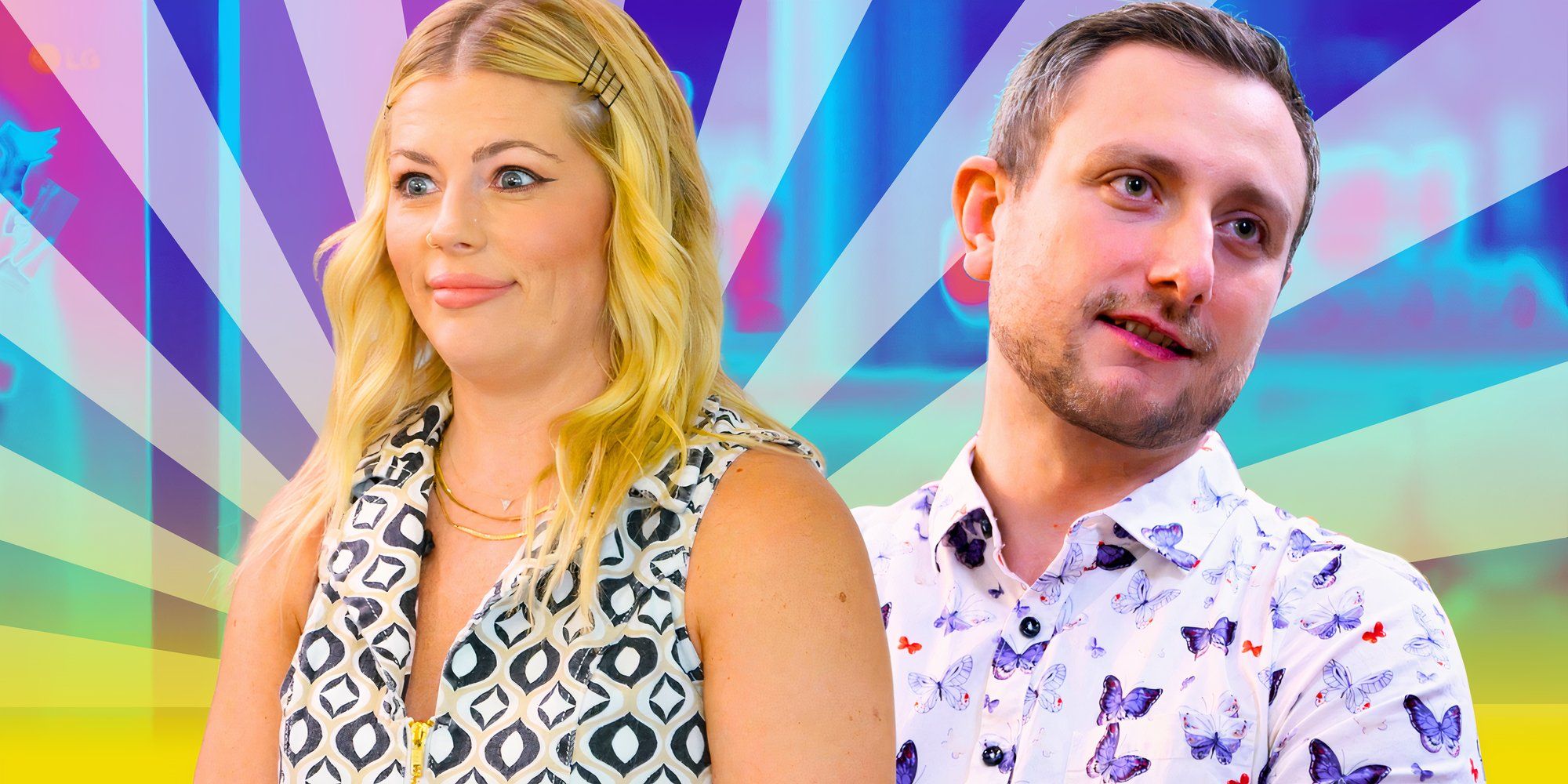 Married At First Sight stars Michelle Tomblin and Allen Slovick in montage wearing bright shirts amid sunburst background