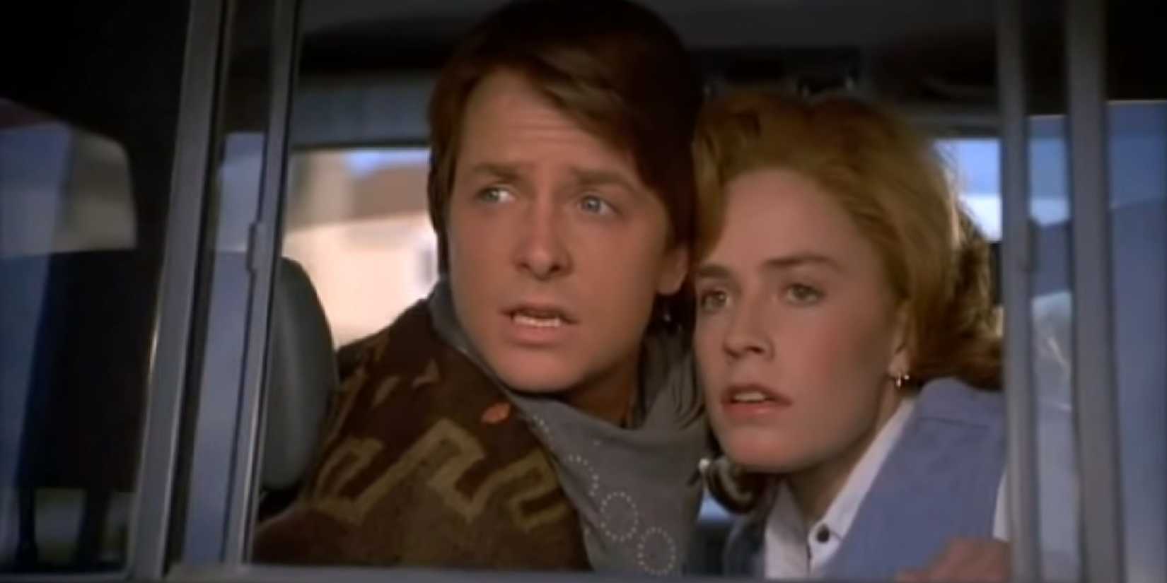Marty and Jennifer looking surprised in Back to the Future Part III