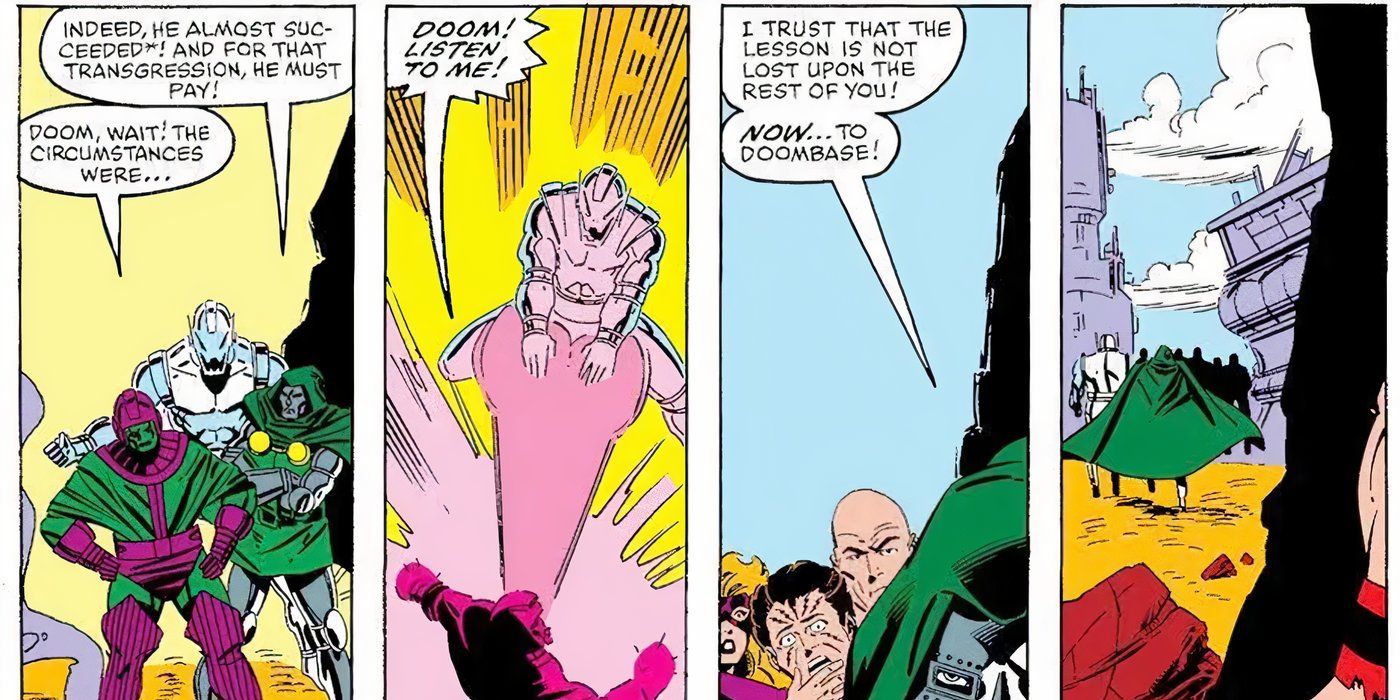 Marvel comic panels showing Doom ordering Ultron to kill Kang in secret wars