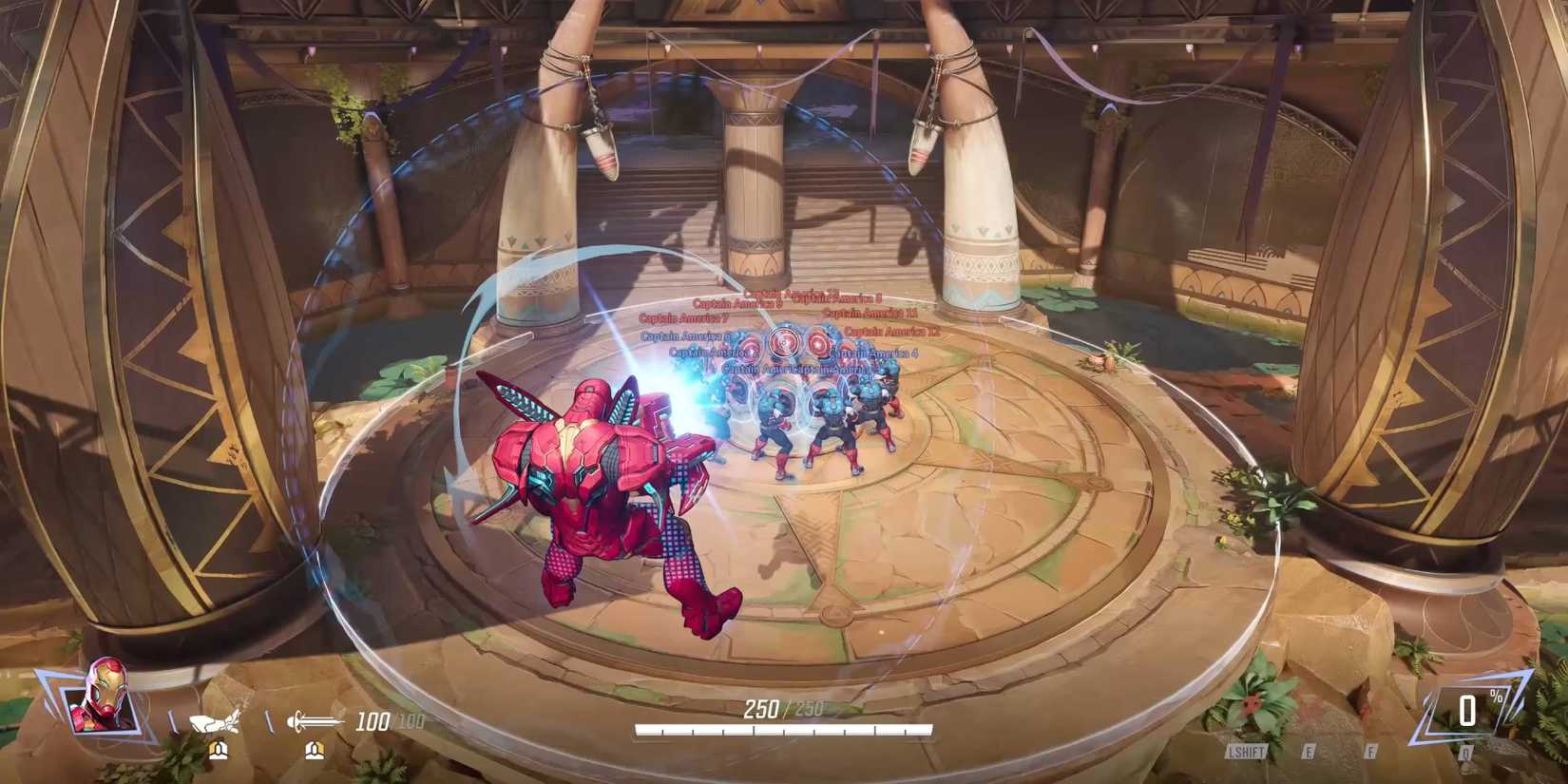 Iron Man shooting a blast into a group of Captain Americas in Marvel Rivals.