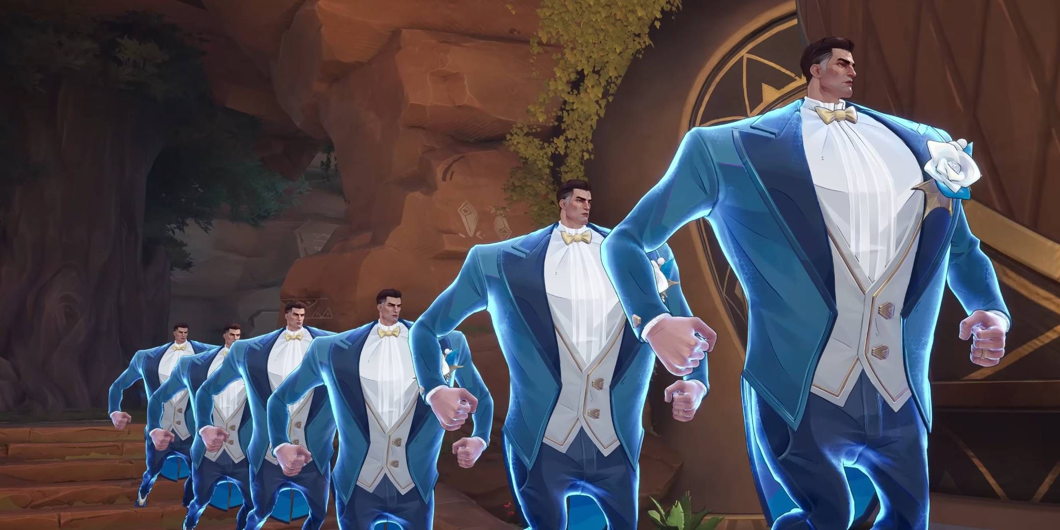 A team of Mr. Fantastics walking in a line in Marvel Rivals.